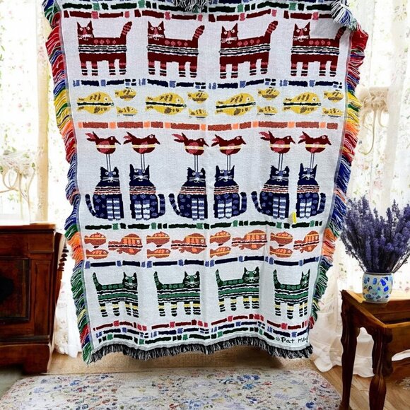 Pat Meyer Other - Vintage Pat Meyer Cats Fish Bird Fringe Tapestry Throw Blanket Signed